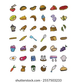 Cafe and Bun with many variations ranging from bread ingredients to kitchen tools, drawn in hand drawing style.