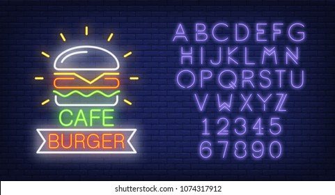 Cafe burger and alphabet neon sign collection. Hamburger, ribbon and violet letters and numbers. Night bright advertisements. Vector illustrations in neon style for fast food restaurant