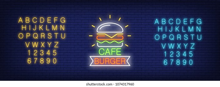 Cafe burger logo neon sign. Yellow and blue sets of English alphabet and numbers. Neon sign, night bright advertisement, colorful signboard, light banner. Vector illustration in neon style.