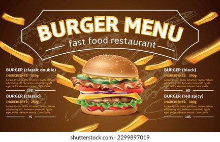 Cafe burgers menu. Realistic street fast food flyer with prices and ingredients, restaurant paper substrates design, tasty hamburger and fried potato flying, utter vector concept