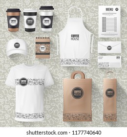 Cafe or cafeteria merchandise and advertising materials mockups. Vector 3D coffee cup, ashier or waiter t-shirt and cap, paper bag or apron and receipt design with cofeehouse brand name