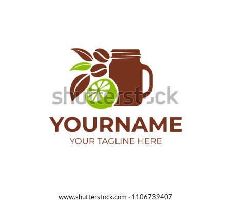 Cafe, caffe with mason jar, lime, lemon, coffee beans and leaves, logo template. Fast food and drink, natural and organic products, vector design, illustration