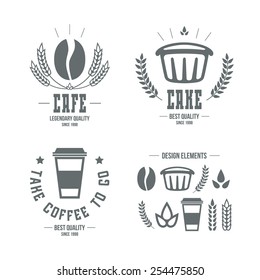 Cafe and cake emblems and icons. Grey print on a white background