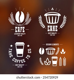 Cafe and cake emblems and icons. White print on a blurred background