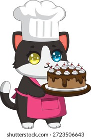 Cafe With Cake Kitten Holding Serving Tray Feline Food Vector