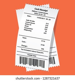 cafe and cake receipt printed template, paper financial check. vector illustration