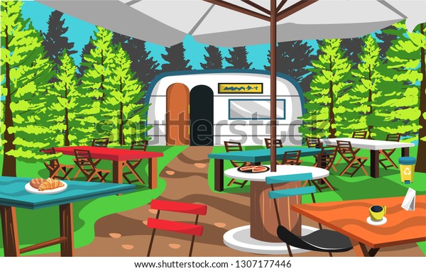 Cafe Camp On The Nature Forest With Chair And\
Camping Table, Cafe Tent, Trash, Food And Big Green Tree For Vector\
Illustration Ideas