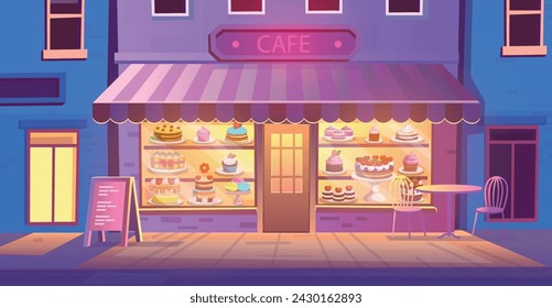 Cafe or Candy store at night. Pastry and cake shop. cakes and pastries are on the shelves. Set of holiday cakes and pastries.
 Happy birthday illustration in cartoon style