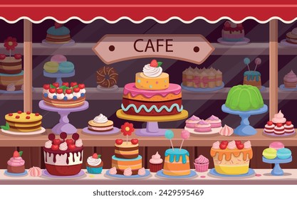 Cafe or Candy store. Pastry and cake shop. cakes and pastries are on the shelves. Set of holiday cakes and pastries.
 Happy birthday illustration in cartoon style