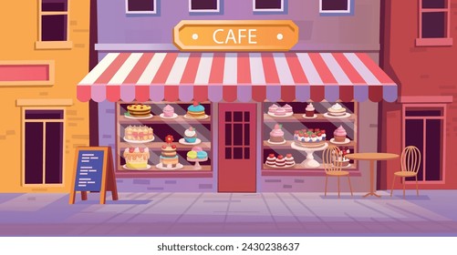 Cafe or Candy store. Pastry and cake shop. cakes and pastries are on the shelves. Set of holiday cakes and pastries.Happy birthday illustration in cartoon style