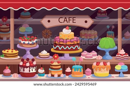 Cafe or Candy store. Pastry and cake shop. cakes and pastries are on the shelves. Set of holiday cakes and pastries.
 Happy birthday illustration in cartoon style