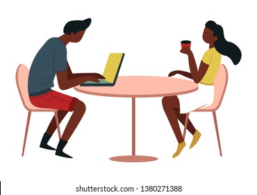Cafe or canteen man and woman at table with coffee and laptop vector isolated male and female African American characters hot beverage and portable computer break or business lunch employees