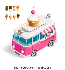 Cafe Car Ice Cream On Wheels. Stock Vector Color Isometric Illustration Van