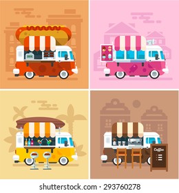 Cafe car on the street. Hotdog, bar, ice cream, coffee shop on wheels. Vector color flat illustrations