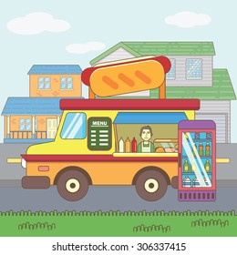 Cafe car on the street. Hotdog on wheels. Vector color flat illustrations