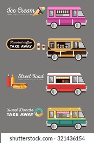 Cafe car on the street. Hotdog, bar, ice cream, coffee shop on wheels. Vector color flat illustrations. Food van. Sat of food truck logos