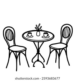 Cafe chairs and table Hand drawn line art Paris Illustration