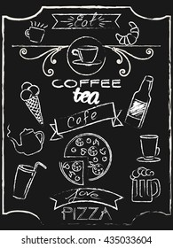A Cafe Chalkboard Icons Set Coffee House Bar Chalk Pizza Ice Cream Beer Tea Cappuccino 