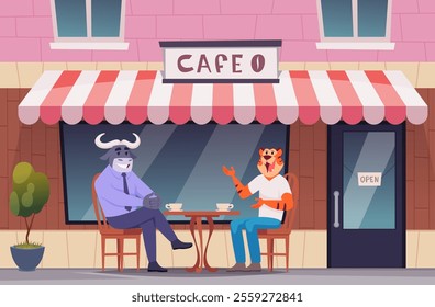 cafe characters. animals with human bodies sitting and talking in street cafe