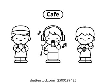  Cafe Characters Black and White Illustration.
Black and white illustration of three cute characters working in a cafe.