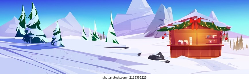 Cafe with Christmas decoration on snow slope in mountains. Vector cartoon illustration of winter landscape with snowy downhill, ski track, trees and wooden market kiosk