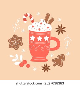 Cafe Christmas Mug with Hot Beverage and Cream, Latte, Coffee, Hot Chocolate, Cocoa, Anise, and Gingerbread