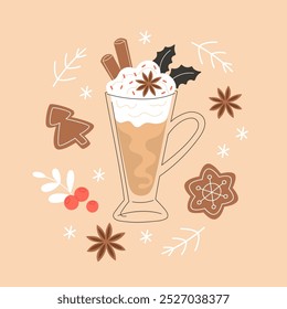 Cafe Christmas Tall Glass Cup with Hot Beverage and Cream, Latte, Coffee, Hot Chocolate, Cocoa, Anise, and Gingerbread