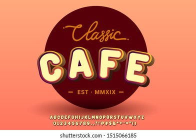 "Cafe" Classic and Bold Style Font Design, Alphabet letters and numbers, classic and retro style, can be use for cafe and coffee shop display.
