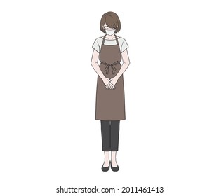 Cafe clerk bowing with a mask