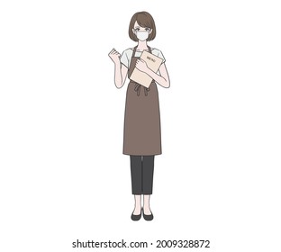 Cafe clerk wearing a mask and doing a guts pose