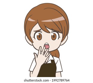 A cafe clerk who is confused by putting her hand on his mouth