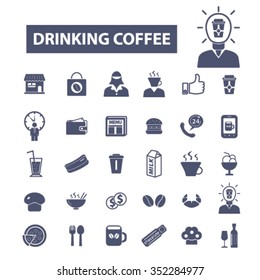 cafe, coffee beans, caffeine, beverage, drinking, restaurant, cup, latte, espresso, cappuccino, menu, food, cake, cafeteria icons, signs set