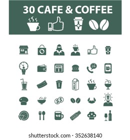 cafe, coffee beans, caffeine, beverage, drinking, restaurant, cup, latte, espresso, cappuccino, menu, food, cake, cafeteria icons, signs set.
