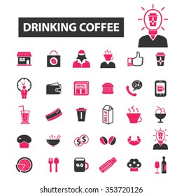 cafe, coffee beans, caffeine, beverage, drinking, restaurant, cup, latte, espresso, cappuccino, menu, food, cake, cafeteria icons, signs set.