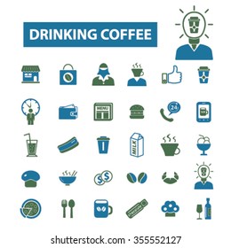 cafe, coffee beans, caffeine, beverage, drinking, restaurant, cup, latte, espresso, cappuccino, menu, food, cake, cafeteria icons, signs set