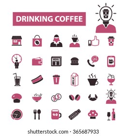 cafe, coffee beans, caffeine, beverage, drinking, restaurant, cup, latte, espresso, cappuccino, menu, food, cake, cafeteria icons, signs set.
