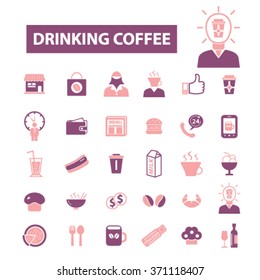 cafe, coffee beans, caffeine, beverage, drinking, restaurant, cup, latte, espresso, cappuccino, menu, food, cake, cafeteria icons, signs set.
