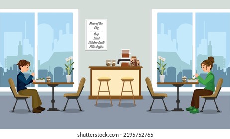 A cafe with a coffee concept that welcomes its customers. Coffee shop and empty table and chairs. Coffee cafe concept or restaurant interior design.