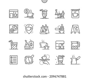 Cafe. Coffee and croissant. Location of cafe. Coffeehouse. Making coffee. Pixel Perfect Vector Thin Line Icons. Simple Minimal Pictogram