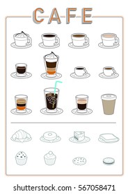 cafe, coffee, cup, breakfast menu, muffins, cookies, cakes, cup strong coffee, cortado, Cigales Irish, ice, 
