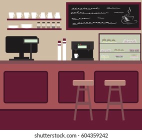 The cafe with coffee and cupcakes. Interior in burgundy colors. Flat style illustration. Vector.The cafe interior design.  Coffee shop with counter bar. 
