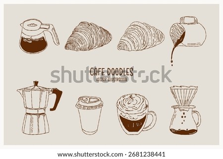 Cafe and coffee doodle illustrations. Filled  coffee pot, croissant, milk pitcher, milk jug, moka pot, hot coffee, hot beverage in to-go cup, latte with cream, coffee drip filter and pot. Vector.