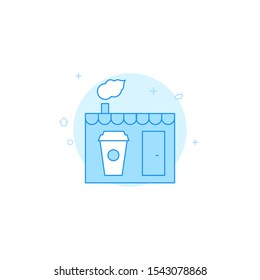 Cafe, coffee kiosk vector icon. Flat illustration. Filled line style. Blue monochrome design. Editable stroke. Adjust line weight.