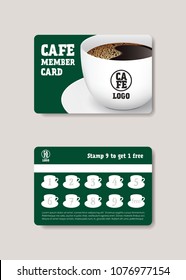 Cafe coffee member card. Stamp card loyalty green color front and back with part of a cup of coffee vector illustration