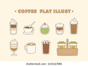 Cafe coffee menus. Variety of coffee mugs with coffee variation drinks. flat design style vector illustration.