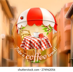 Cafe, coffee and pastry shop, a cup of coffee with rose on a table, awning with ladybug. Street background, invitation to a break, lunch time, vector advertising sign for cafe and coffee shops