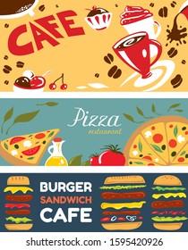 Cafe, Coffee, Pizza, Burger and Sandwich Restaurant Banner Collection (Vector Art)