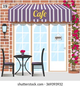 Cafe or coffee shop. Building facade of red brick. Vector illustration eps 10.