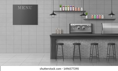 Cafe, coffee shop, confectionery empty interior with stools near bar counter desk, coffee machine, glass showcase for fresh pastry, bottles on shelves, chalkboard menu 3d realistic vector illustration