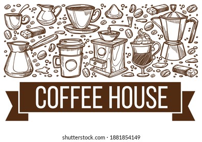 Cafe or coffee shop house, monochrome sketch outline with banner. Cup of aromatic beverage with cappuccino or latte, plastic mugs for take away. Cezve and roasted beans, vector in flat style